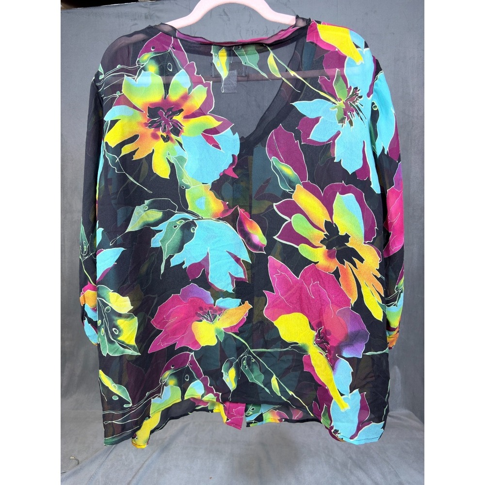 Soft Surroundings 3X Black Semi Sheer Tropical 3/4 Sleeve 100% Silk Blouse - Picture 3 of 15
